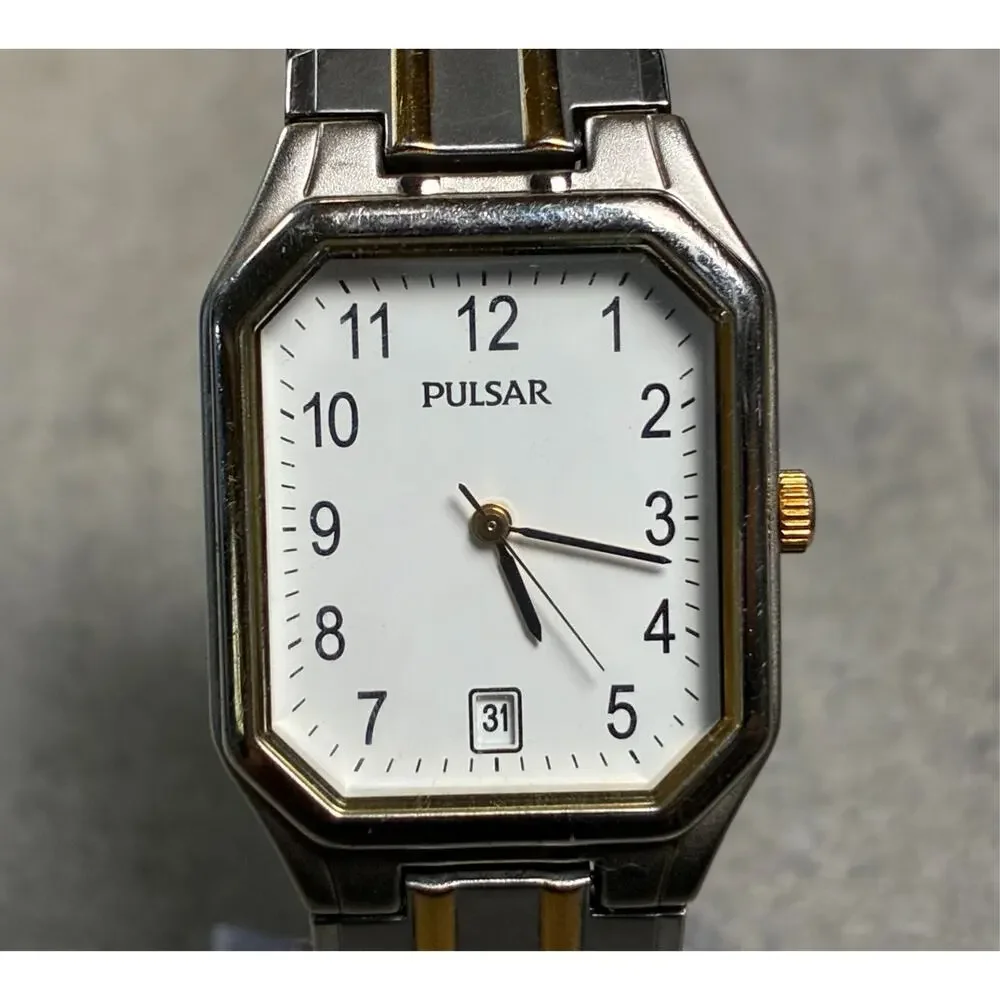 Pulsar Tank Style Men's Quartz Watch Two Tone White Dial Rare VJ32-X166 Working